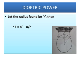 DIOPTRIC POWER
• Let the radius found be ‘r’, then
• F = n’ – n/r
 