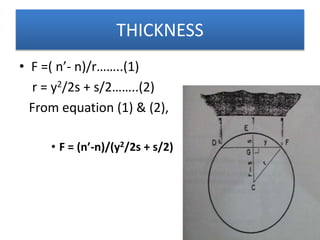 • F =( n’- n)/r……..(1)
r = y2/2s + s/2……..(2)
From equation (1) & (2),
• F = (n’-n)/(y2/2s + s/2)
THICKNESS
 
