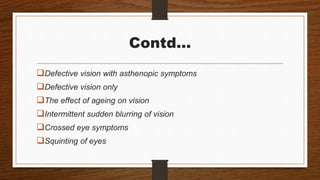 Contd…
Defective vision with asthenopic symptoms
Defective vision only
The effect of ageing on vision
Intermittent sudden blurring of vision
Crossed eye symptoms
Squinting of eyes
 