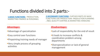 Functions divided into 2 parts:-
1.BASIC FUNCTIONS- PRODUCTION,
MARKETING FINANCE & PERSONNEL
Advantages:
Advantage of specialization
Easy control over functions
Pinpointing training needs of manager
Very simple process of grouping
activities
2.SECONDARY FUNCTIONS- FURTHER PARTS OF BASIC
FUNCTIONS LIKE PRODUCTION- PRODUCTION PLANNING
, R&D, QUALITY CONTROL & MARKETING HANDLING
Disadvantages:
Lack of responsibility for the end of result
It leads to increase conflicts &
coordination problem among
departments
Overspecialization or lack of general
management
 