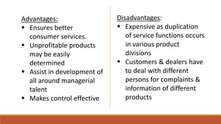 Advantages:
 Ensures better
consumer services.
 Unprofitable products
may be easily
determined
 Assist in development of
all around managerial
talent
 Makes control effective
Disadvantages:
 Expensive as duplication
of service functions occurs
in various product
divisions
 Customers & dealers have
to deal with different
persons for complaints &
information of different
products
 