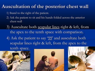 Auscultation of the posterior chest wall
  1) Stand to the right of the patient.
  2) Ask the patient to sit and his hands folded across the anterior
     chest wall
  3) Auscultate both scapular lines right & left, from
    the apex to the tenth space with comparison.
  4) Ask the patient to say ‘99’ and auscultate both
    scapular lines right & left, from the apex to the
    tenth space.
 