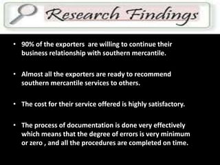 FINDINGS
• 90% of the exporters are willing to continue their
business relationship with southern mercantile.
• Almost all the exporters are ready to recommend
southern mercantile services to others.
• The cost for their service offered is highly satisfactory.
• The process of documentation is done very effectively
which means that the degree of errors is very minimum
or zero , and all the procedures are completed on time.
 