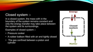 Closed system :-
In a closed system, the mass with in the
boundary of the system remains constant and
only the energy transfer may take place between
the system and its surroundings.
Examples of closed system :-
• Pressure cooker
• A rubber balloon filled with air and tightly closed
• The gas confined between a piston and
cylinder
 