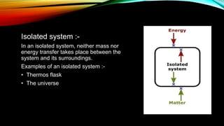 Isolated system :-
In an isolated system, neither mass nor
energy transfer takes place between the
system and its surroundings.
Examples of an isolated system :-
• Thermos flask
• The universe
 