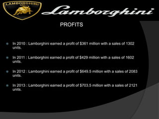 PROFITS
 In 2010 : Lamborghini earned a profit of $361 million with a sales of 1302
units.
 In 2011 : Lamborghini earned a profit of $429 million with a sales of 1602
units.
 In 2012 : Lamborghini earned a profit of $649.5 million with a sales of 2083
units.
 In 2013 : Lamborghini earned a profit of $703.5 million with a sales of 2121
units.
 