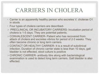 CARRIERS IN CHOLERA
• Carrier is an apparently healthy person who excretes V. cholerae O1
in stools
• Four types of cholera carriers are described-
 PRECLINICAL OR INCUBATORY CARRIERS- Incubation period of
cholera is 1-5 days. They are potential patients.
CONVALESCENT CARRIER- Patient who has recovered from
attack of cholera and excretes vibrios for period of 2-3 weeks. They
often become chronic or long term carriers.
CONTACT OR HEALTHY CARRIER- It is a result of subclinical
infection. Duration of chronic carrier state is less than 10 days, gall
bladder is not effected, stool culture is positive
CHRONIC CARRIER- antibody titre along with bacteriological
examination is used to detect long term carriers. Gall bladder is also
effected.
 