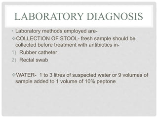 LABORATORY DIAGNOSIS
• Laboratory methods employed are-
COLLECTION OF STOOL- fresh sample should be
collected before treatment with antibiotics in-
1) Rubber catheter
2) Rectal swab
WATER- 1 to 3 litres of suspected water or 9 volumes of
sample added to 1 volume of 10% peptone
 