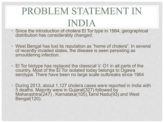 PROBLEM STATEMENT IN
INDIA
• Since the introduction of cholera El Tor type in 1964, geographical
distribution has considerably changed.
• West Bengal has lost its reputation as “home of cholera”. In several
of recently invaded states, the disease is seen persisting as
smouldering infection.
• El Tor biotype has replaced the classical V. O1 in all parts of the
country. Most of the El Tor isolated today belongs to Ogawa
serotype. There have been no large scale outbreaks since 1964
• During 2013, about 1,127 cholera cases were reported in India with
5 deaths. Majority were in Gujarat(327) followed by
Maharashtra(247) , Karnataka(105),Tamil Nadu(93) and West
Bengal(120).
 