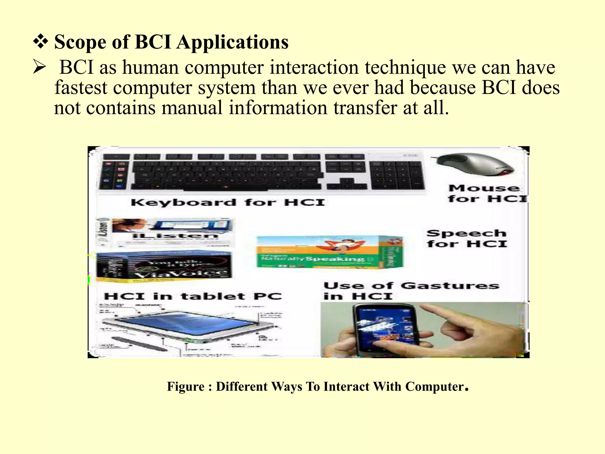  Scope of BCI Applications
 BCI as human computer interaction technique we can have
fastest computer system than we ever had because BCI does
not contains manual information transfer at all.

Figure : Different Ways To Interact With Computer.

 