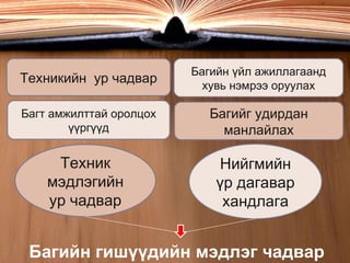 Багийн гишүүдийн мэдлэг чадвар Техникийн  ур чадвар Багийг удирдан манлайлах Багт амжилттай оролцох үүргүүд Багийн үйл ажиллагаанд хувь нэмрээ оруулах Техник мэдлэгийн ур чадвар Нийгмийн үр дагавар хандлага 