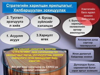 Бүх түвшний удирдлага, ажилчид “СТРАТЕГИЙН” яриа хэлэлцээнд гол оролцогчдыг  / иргэд, үйлчлүүлэгчид, хөрөнгө нийлүүлэгч /  татан оролцуулдаг байх хэрэгтэй. Энэ мэт яриа хэлэлцээр нь СХЯХЗ ур чадварыг шаарддаг. 5. Бүлгүүдийг харилцан нөлөөллийн аргаар ажиллуулах 1. Асуулт асуух 2. Тусгалт эрэгцүүлэл хийх 3.Хариулт өгөх 4. Бусад зүйлсийг хэлэлцэх Стратегийн харилцан ярилцлагыг  Хялбаршуулан зохицуулах Анхаарлаа дээд зэргээр төвлөрүүлэх Илэн далангүй байдлаар зохиох Дүгнэлдэх бүлэг, сарнимтгай бүлэг зэрэг аргыг эзэмших 