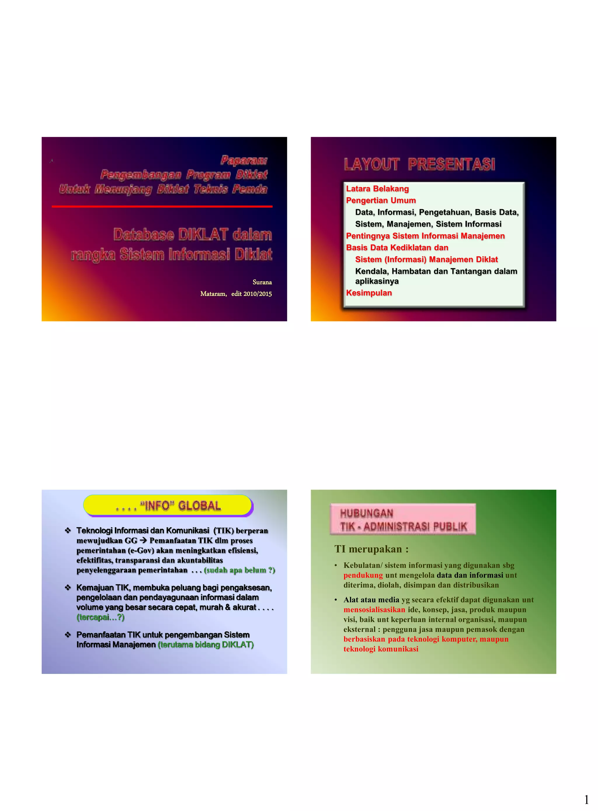 1
Surana
Mataram, edit 2010/2015
Latara Belakang
Pengertian Umum
Data, Informasi, Pengetahuan, Basis Data,
Sistem, Manajemen, Sistem Informasi
Pentingnya Sistem Informasi Manajemen
Basis Data Kediklatan dan
Sistem (Informasi) Manajemen Diklat
Kendala, Hambatan dan Tantangan dalam
aplikasinya
Kesimpulan
 Teknologi Informasi dan Komunikasi (TIK) berperan
mewujudkan GG  Pemanfaatan TIK dlm proses
pemerintahan (e-Gov) akan meningkatkan efisiensi,
efektifitas, transparansi dan akuntabilitas
penyelenggaraan pemerintahan . . . (sudah apa belum ?)
 Kemajuan TIK, membuka peluang bagi pengaksesan,
pengelolaan dan pendayagunaan informasi dalam
volume yang besar secara cepat, murah & akurat . . . .
(tercapai…?)
 Pemanfaatan TIK untuk pengembangan Sistem
Informasi Manajemen (terutama bidang DIKLAT)
TI merupakan :
• Kebulatan/ sistem informasi yang digunakan sbg
pendukung unt mengelola data dan informasi unt
diterima, diolah, disimpan dan distribusikan
• Alat atau media yg secara efektif dapat digunakan unt
mensosialisasikan ide, konsep, jasa, produk maupun
visi, baik unt keperluan internal organisasi, maupun
eksternal : pengguna jasa maupun pemasok dengan
berbasiskan pada teknologi komputer, maupun
teknologi komunikasi
 