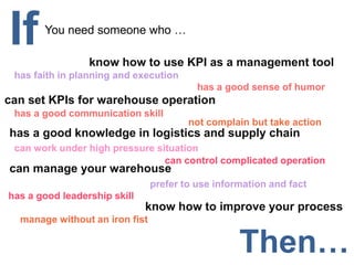 If You need someone who … know how to use KPI as a management tool has faith in planning and execution has a good sense of humor can set KPIs for warehouse operation has a good communication skill not complain but take action has a good knowledge in logistics and supply chain can work under high pressure situation  can control complicated operation can manage your warehouse prefer to use information and fact has a good leadership skill know how to improve your process manage without an iron fist Then… 