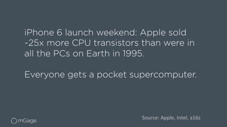 iPhone 6 launch weekend: Apple sold
~25x more CPU transistors than were in
all the PCs on Earth in 1995.
Everyone gets a p...