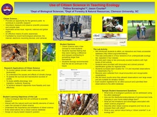 Use of Citizen Science in Teaching Ecology  ThilinaSurasinghe1,2, Jason Courter21Dept of Biological Sciences, 2Deptof Forestry & Natural Resources, Clemson University, SC Citizen Science… ,[object Object]