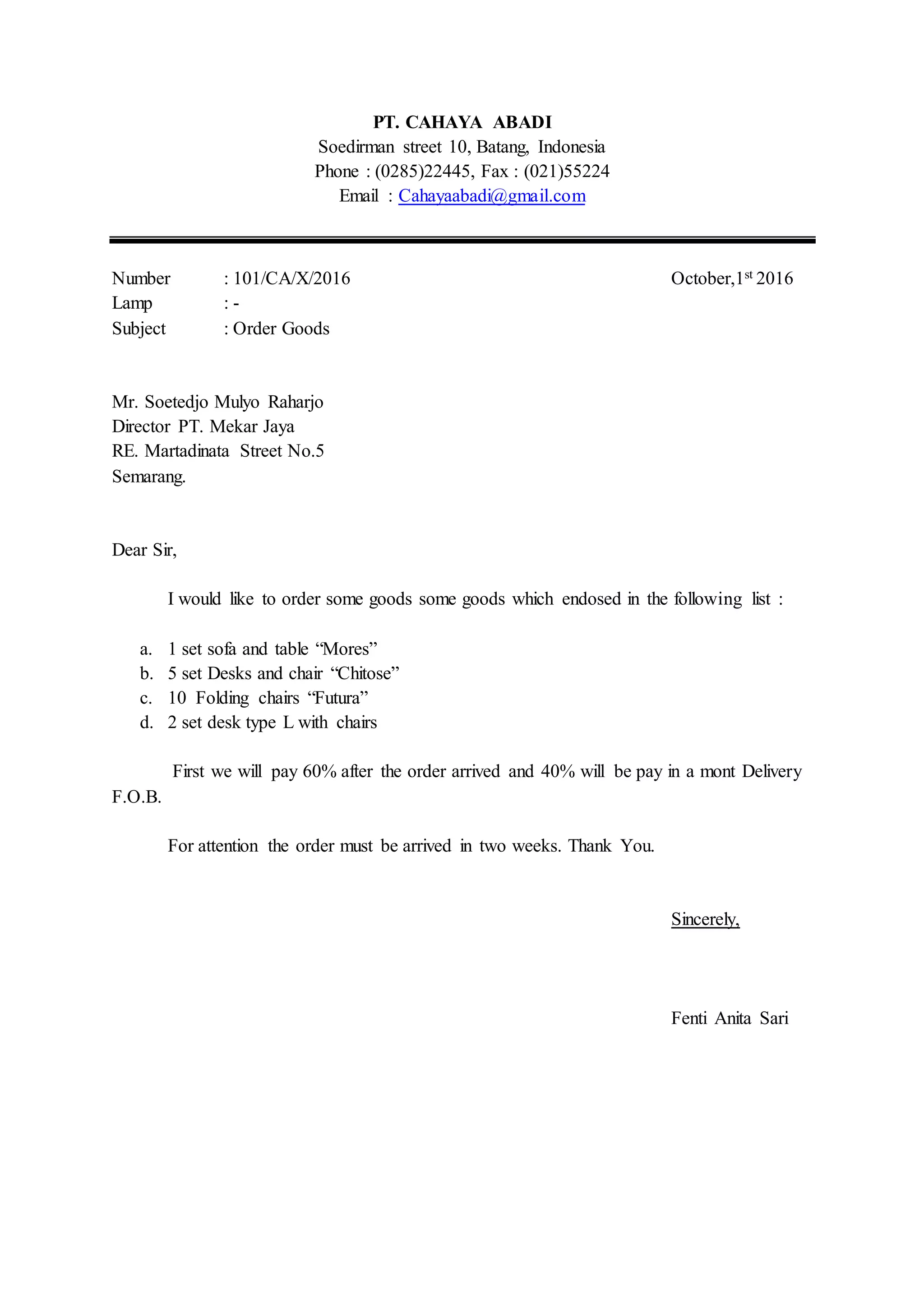 Surat Bahasa Inggris Fenti Anitasari | PDF
