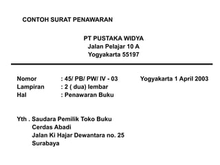 PT PUSTAKA WIDYA
Jalan Pelajar 10 A
Yogyakarta 55197
Nomor : 45/ PB/ PW/ IV - 03 Yogyakarta 1 April 2003
Lampiran : 2 ( dua) lembar
Hal : Penawaran Buku
Yth . Saudara Pemilik Toko Buku
Cerdas Abadi
Jalan Ki Hajar Dewantara no. 25
Surabaya
CONTOH SURAT PENAWARAN
 
