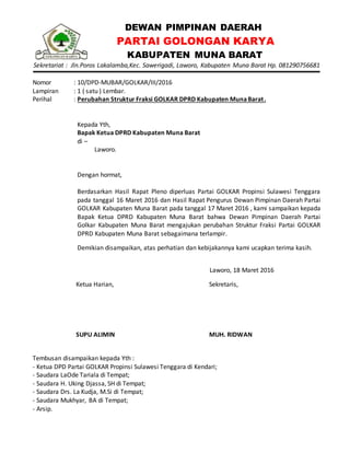 DEWAN PIMPINAN DAERAH
PARTAI GOLONGAN KARYA
KABUPATEN MUNA BARAT
Sekretariat : Jln.Poros Lakalamba,Kec. Sawerigadi, Laworo, Kabupaten Muna Barat Hp. 081290756681
Nomor : 10/DPD-MUBAR/GOLKAR/III/2016
Lampiran : 1 ( satu ) Lembar.
Perihal : Perubahan Struktur Fraksi GOLKAR DPRD Kabupaten MunaBarat.
Kepada Yth,
Bapak Ketua DPRD Kabupaten Muna Barat
di –
Laworo.
Dengan hormat,
Berdasarkan Hasil Rapat Pleno diperluas Partai GOLKAR Propinsi Sulawesi Tenggara
pada tanggal 16 Maret 2016 dan Hasil Rapat Pengurus Dewan Pimpinan Daerah Partai
GOLKAR Kabupaten Muna Barat pada tanggal 17 Maret 2016 , kami sampaikan kepada
Bapak Ketua DPRD Kabupaten Muna Barat bahwa Dewan Pimpinan Daerah Partai
Golkar Kabupaten Muna Barat mengajukan perubahan Struktur Fraksi Partai GOLKAR
DPRD Kabupaten Muna Barat sebagaimana terlampir.
Demikian disampaikan, atas perhatian dan kebijakannya kami ucapkan terima kasih.
Laworo, 18 Maret 2016
Ketua Harian,
SUPU ALIMIN
Sekretaris,
MUH. RIDWAN
Tembusan disampaikan kepada Yth :
- Ketua DPD Partai GOLKAR Propinsi Sulawesi Tenggara di Kendari;
- Saudara LaOde Tariala di Tempat;
- Saudara H. Uking Djassa, SH di Tempat;
- Saudara Drs. La Kudja, M.Si di Tempat;
- Saudara Mukhyar, BA di Tempat;
- Arsip.
 