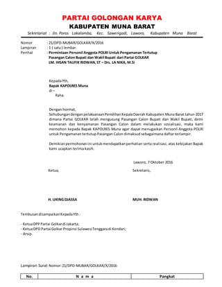 PARTAI GOLONGAN KARYA
KABUPATEN MUNA BARAT
Sekretariat : Jln. Poros Lakalamba, Kec. Sawerigadi, Laworo, Kabupaten Muna Barat
Nomor : 21/DPD-MUBAR/GOLKAR/X/2016
Lampiran : 1 ( satu) lembar.
Perihal : Permintaan Personil Anggota POLRI Untuk Pengamanan Tertutup
Pasangan Calon Bupati dan Wakil Bupati dari Partai GOLKAR
LM. IHSAN TAUFIK RIDWAN,ST – Drs. LA NIKA, M.Si
KepadaYth,
Bapak KAPOLRES Muna
di –
Raha.
Dengan hormat,
SehubungandenganpelaksanaanPemilihanKepalaDaerah Kabupaten Muna Barat tahun 2017
dimana Partai GOLKAR telah mengusung Pasangan Calon Bupati dan Wakil Bupati, demi
keamanan dan kenyamanan Pasangan Calon dalam melakukan sosialisasi, maka kami
memohon kepada Bapak KAPOLRES Muna agar dapat menugaskan Personil Anggota POLRI
untuk Pengamanan tertutup Pasangan Calon dimaksud sebagaimana daftar terlampir.
Demikianpermohonanini untukmendapatkanperhatian serta realisasi, atas kebijakan Bapak
kami ucapkan terima kasih.
Laworo, 7 Oktober 2016
Ketua,
H. UKING DJASSA
Sekretaris,
MUH. RIDWAN
TembusandisampaikanKepadaYth:
- KetuaDPPPartai Golkardi Jakarta;
- KetuaDPD Partai Golkar Propinsi SulawesiTenggaradi Kendari;
- Arsip.
Lampiran Surat Nomor:21/DPD-MUBAR/GOLKAR/X/2016
No. N a m a Pangkat
 