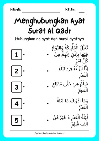 Nama: Kelas:
Kertas Anak Muslim Kreatif
Menghubungkan Ayat
Surat Al Qadr
Hubungkan no ayat dgn bunyi ayatnya
1
2
3
4
5
‫ُح‬‫ُّرْو‬‫ال‬‫َو‬ ‫ُة‬‫َك‬ ‫ِٕى‬
‫ٰۤل‬
‫َم‬‫ْل‬‫ا‬ ‫ُل‬‫َّز‬‫َن‬‫َت‬
‫ْن‬‫ِم‬ ‫ْۚم‬ ‫ِه‬‫ِّب‬‫َر‬ ‫ِن‬‫ْذ‬‫ِا‬‫ِب‬ ‫ا‬‫َه‬‫ْي‬‫ِف‬
‫ٍۛر‬ ‫ْم‬‫َا‬ ‫ِّل‬‫ُك‬
‫ِة‬‫َل‬‫ْي‬‫َل‬
‫ْي‬‫ِف‬ ‫ُه‬‫ٰن‬‫ْل‬‫َز‬‫ْن‬‫َا‬ ‫ٓا‬‫َّن‬‫ِا‬
‫ِر‬‫ْد‬‫َق‬‫ْل‬‫ا‬
‫ِع‬
‫َل‬ ‫ْط‬‫َم‬ ‫ى‬‫ّٰت‬‫َح‬ ‫َي‬ ‫ِه‬ ‫ٰلٌۛم‬ ‫َس‬
‫ْجِࣖر‬‫َف‬‫ْل‬‫ا‬
‫َلُة‬‫ْي‬‫َل‬ ‫ا‬‫َم‬ ‫َك‬‫ى‬‫ٰر‬‫ْد‬‫َا‬ ‫ٓا‬‫َم‬‫َو‬
‫ِۗر‬‫ْد‬‫َق‬‫ْل‬‫ا‬
‫ْن‬‫ِّم‬ ‫ٌر‬‫ْي‬‫َخ‬ ‫ۙە‬ ‫ِر‬‫ْد‬‫َق‬‫ْل‬‫ا‬ ‫َلُة‬‫ْي‬‫َل‬
‫ٍۗر‬ ‫ْه‬ ‫َش‬ ‫ِف‬‫ْل‬‫َا‬
 