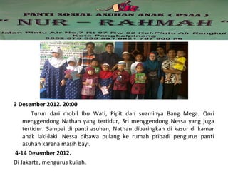 3 Desember 2012. 20:00 
Turun dari mobil Ibu Wati, Pipit dan suaminya Bang Mega. Qori 
menggendong Nathan yang tertidur, Sri menggendong Nessa yang juga 
tertidur. Sampai di panti asuhan, Nathan dibaringkan di kasur di kamar 
anak laki-laki. Nessa dibawa pulang ke rumah pribadi pengurus panti 
asuhan karena masih bayi. 
4-14 Desember 2012. 
Di Jakarta, mengurus kuliah. 
 
