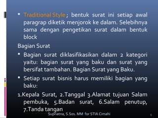  Traditional Style ; bentuk surat ini setiap awal
paragrap diketik menjorok ke dalam. Selebihnya
sama dengan pengetikan surat dalam bentuk
block
Bagian Surat
 Bagian surat diklasifikasikan dalam 2 kategori
yaitu: bagian surat yang baku dan surat yang
bersifat tambahan. Bagian Surat yang Baku.
 Setiap surat bisnis harus memiliki bagian yang
baku:
1.Kepala Surat, 2.Tanggal 3.Alamat tujuan Salam
pembuka, 5.Badan surat, 6.Salam penutup,
7.Tanda tangan
5Supriatna, S.Sos. MM for STIA Cimahi
 