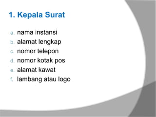 1. Kepala Surat

a.   nama instansi
b.   alamat lengkap
c.   nomor telepon
d.   nomor kotak pos
e.   alamat kawat
f.   lambang atau logo
 