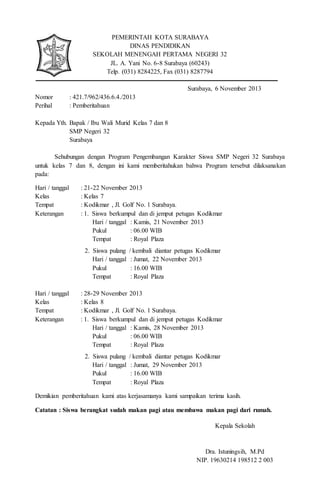 PEMERINTAH KOTA SURABAYA
DINAS PENDIDIKAN
SEKOLAH MENENGAH PERTAMA NEGERI 32
JL. A. Yani No. 6-8 Surabaya (60243)
Telp. (031) 8284225, Fax (031) 8287794
Surabaya, 6 November 2013
Nomor : 421.7/962/436.6.4./2013
Perihal : Pemberitahuan
Kepada Yth. Bapak / Ibu Wali Murid Kelas 7 dan 8
SMP Negeri 32
Surabaya
Sehubungan dengan Program Pengembangan Karakter Siswa SMP Negeri 32 Surabaya
untuk kelas 7 dan 8, dengan ini kami memberitahukan bahwa Program tersebut dilaksanakan
pada:
Hari / tanggal : 21-22 November 2013
Kelas : Kelas 7
Tempat : Kodikmar , Jl. Golf No. 1 Surabaya.
Keterangan : 1. Siswa berkumpul dan di jemput petugas Kodikmar
Hari / tanggal : Kamis, 21 November 2013
Pukul : 06.00 WIB
Tempat : Royal Plaza
2. Siswa pulang / kembali diantar petugas Kodikmar
Hari / tanggal : Jumat, 22 November 2013
Pukul : 16.00 WIB
Tempat : Royal Plaza
Hari / tanggal : 28-29 November 2013
Kelas : Kelas 8
Tempat : Kodikmar , Jl. Golf No. 1 Surabaya.
Keterangan : 1. Siswa berkumpul dan di jemput petugas Kodikmar
Hari / tanggal : Kamis, 28 November 2013
Pukul : 06.00 WIB
Tempat : Royal Plaza
2. Siswa pulang / kembali diantar petugas Kodikmar
Hari / tanggal : Jumat, 29 November 2013
Pukul : 16.00 WIB
Tempat : Royal Plaza
Demikian pemberitahuan kami atas kerjasamanya kami sampaikan terima kasih.
Catatan : Siswa berangkat sudah makan pagi atau membawa makan pagi dari rumah.
Kepala Sekolah
Dra. Istuningsih, M.Pd
NIP. 19630214 198512 2 003
 