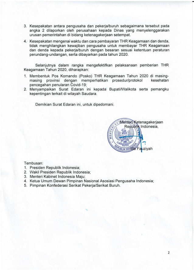 Surat Edaran Menaker Tentang Pelaksanaan Pemberian THR Keagamaan Tahun 2020