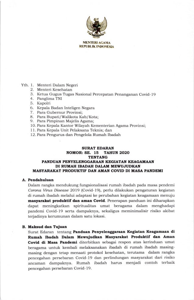 Surat Edaran Menteri Agama Nomor 15 Tahun 2020
