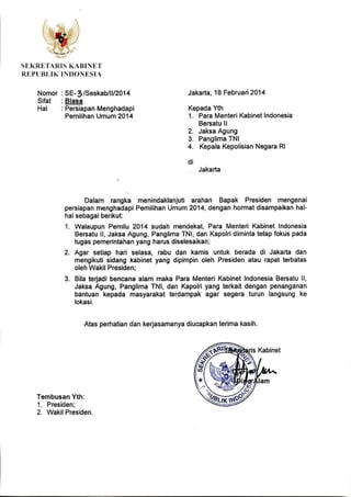 Surat edaran Sekab. dalam  Pesiapan menghadapi pemilu 2014