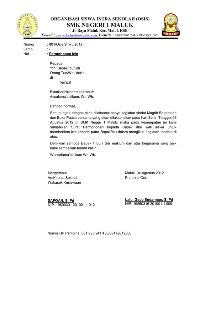 Surat izin untuk kegiatan osis | PDF