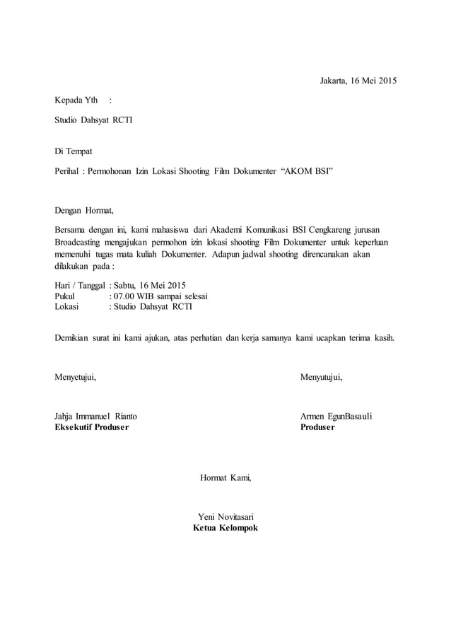 Contoh Surat Izin Lokasi Film Dokumenter