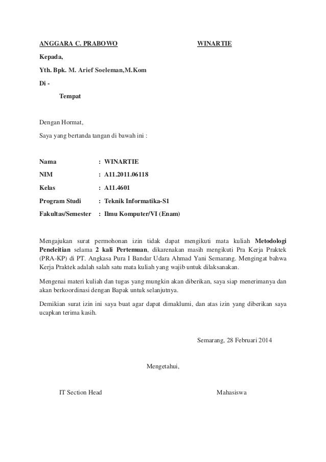 Contoh Surat Izin Tidak Masuk Pkl