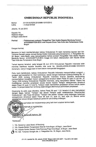 Surat ke dua Ombudsman RI kepada Walikota Bogor