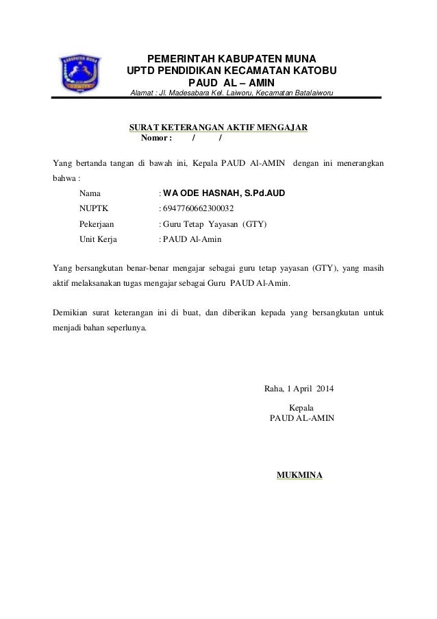 Surat Keterangan Aktif Mengajar Paud Al Amin