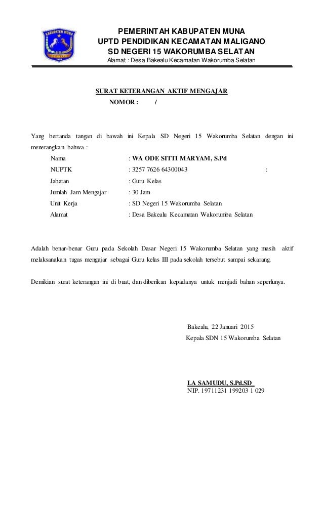 Surat Keterangan Aktif Mengajar Sd 15 Wakorsel