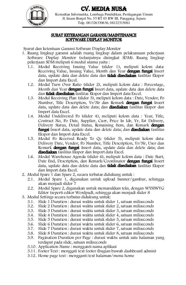 Surat keterangan garansi software