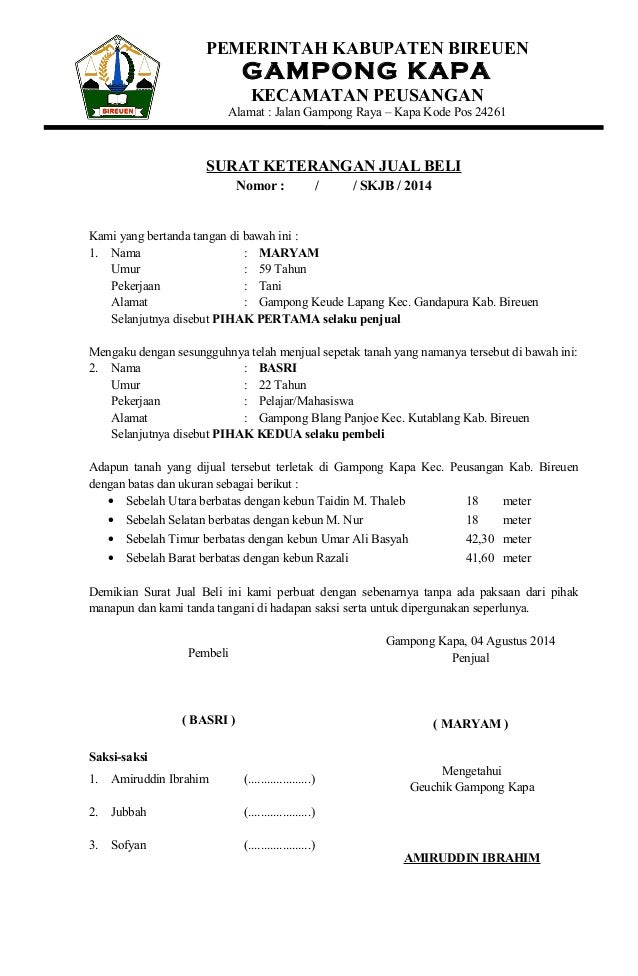 Surat keterangan jual beli geuchik Surat keterangan jual beli geuchik