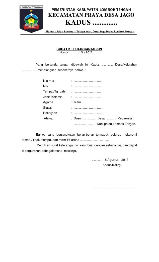 Contoh Surat Keterangan Ekonomi Lemah