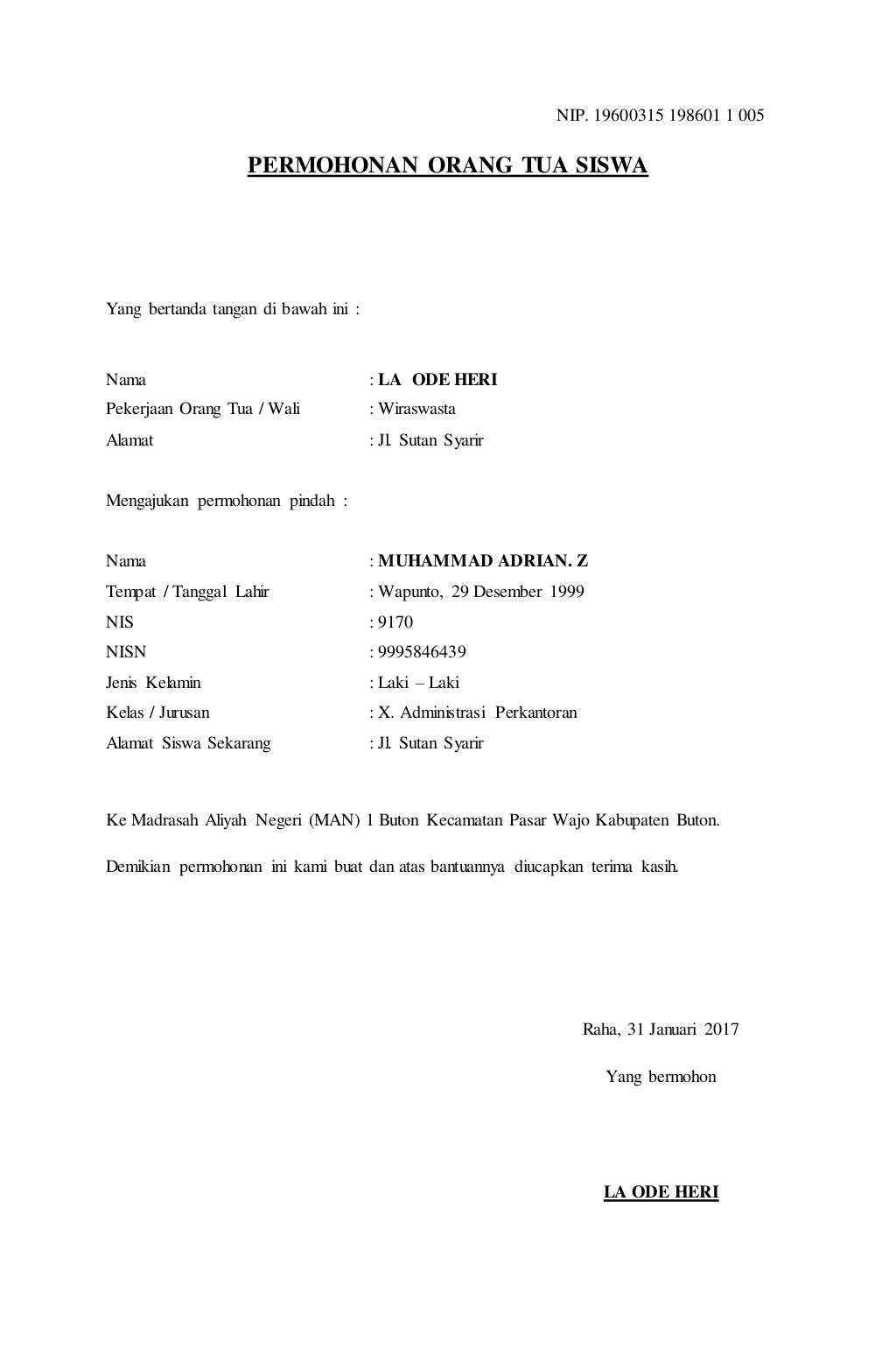 Surat keterangan pindah sekolah