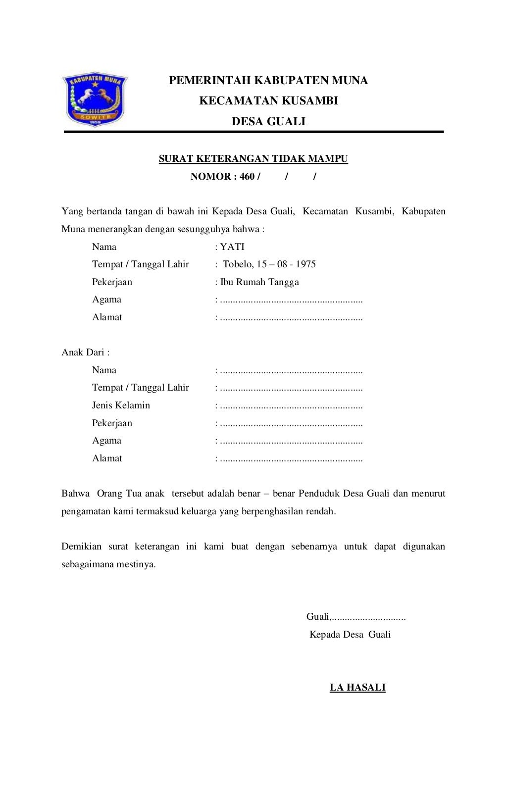 Surat keterangan tidak mampu desa guali