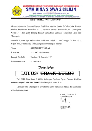 Nomor : 200/SKL-UN/SMK/PPM/V/2018
Mempertimbangkan Peraturan Menteri Pendidikan Nasional Nomor 23 Tahun 2006 Tentang
Standar Kompetensi Kelulusan (SKL), Peraturan Menteri Pendidikan dan Kebudayaan
Nomor 54 Tahun 2013 Tentang Standar Kompetensi Kelulusan Pendidikan Dasar dan
Menengah.
Berdasarkan hasil rapat Dewan Guru SMK Bina Siswa 2 Cililin Tanggal 02 Mei 2018,
Kepala SMK Bina Siswa 2 Cililin, dengan ini menerangkan bahwa :
Nama : SRI ENDAH NINGTIAS
NIS/ NISN : 151610071/ 9992520669
Tempat, Tgl. Lahir : Bandung, 30 Desember 1999
No. Peserta UNBK : 11-156-109-4
Dinyatakan
Dari SMK Bina Siswa 2 Cililin Kabupaten Bandung Barat,, Program Keahlian
Teknik Komputer dan Informatika. Tahun Pelajaran 2016/ 2017.
Demikian surat keterangan ini dibuat untuk dapat menjadikan periksa dan digunakan
sebagaimana mestinya.
Cililin, 02 Mei 2018
Kepala Sekolah
Mugiana, S.S
NIP. –
LULUS/ TIDAK LULUS
 