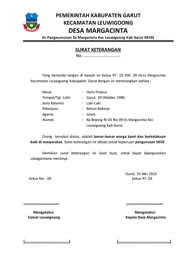 Surat keterangan untuk pembuatan skck dari rt rw