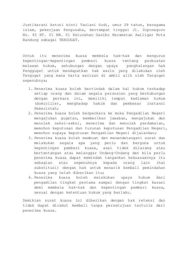 Contoh Surat Kuasa Khusus Perdata Perbuatan Melawan Hukum ...