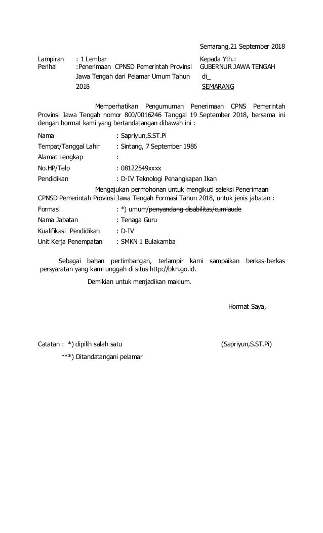 Surat Lamaran Cpns 2018provinsi Jawa Tengah Sapriyunsstpi