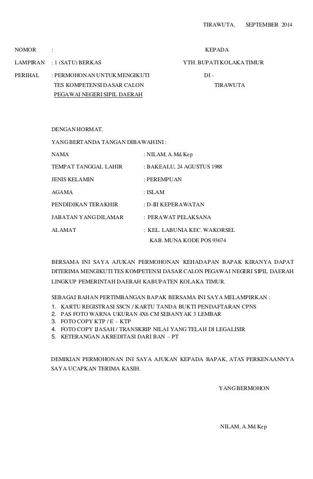 Surat lamaran cpns koltim