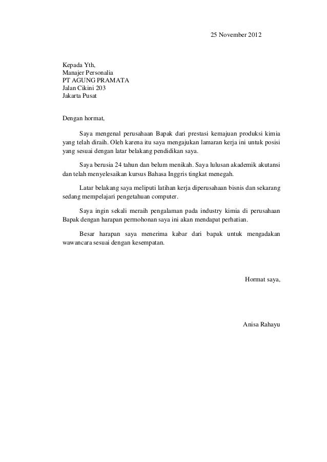 Surat lamaran kerja b. inggris dan b. indonesia