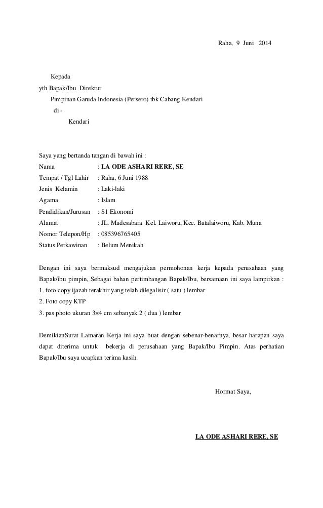 Contoh Surat Lamaran Kerja Ke Garuda Indonesia - Kumpulan ...